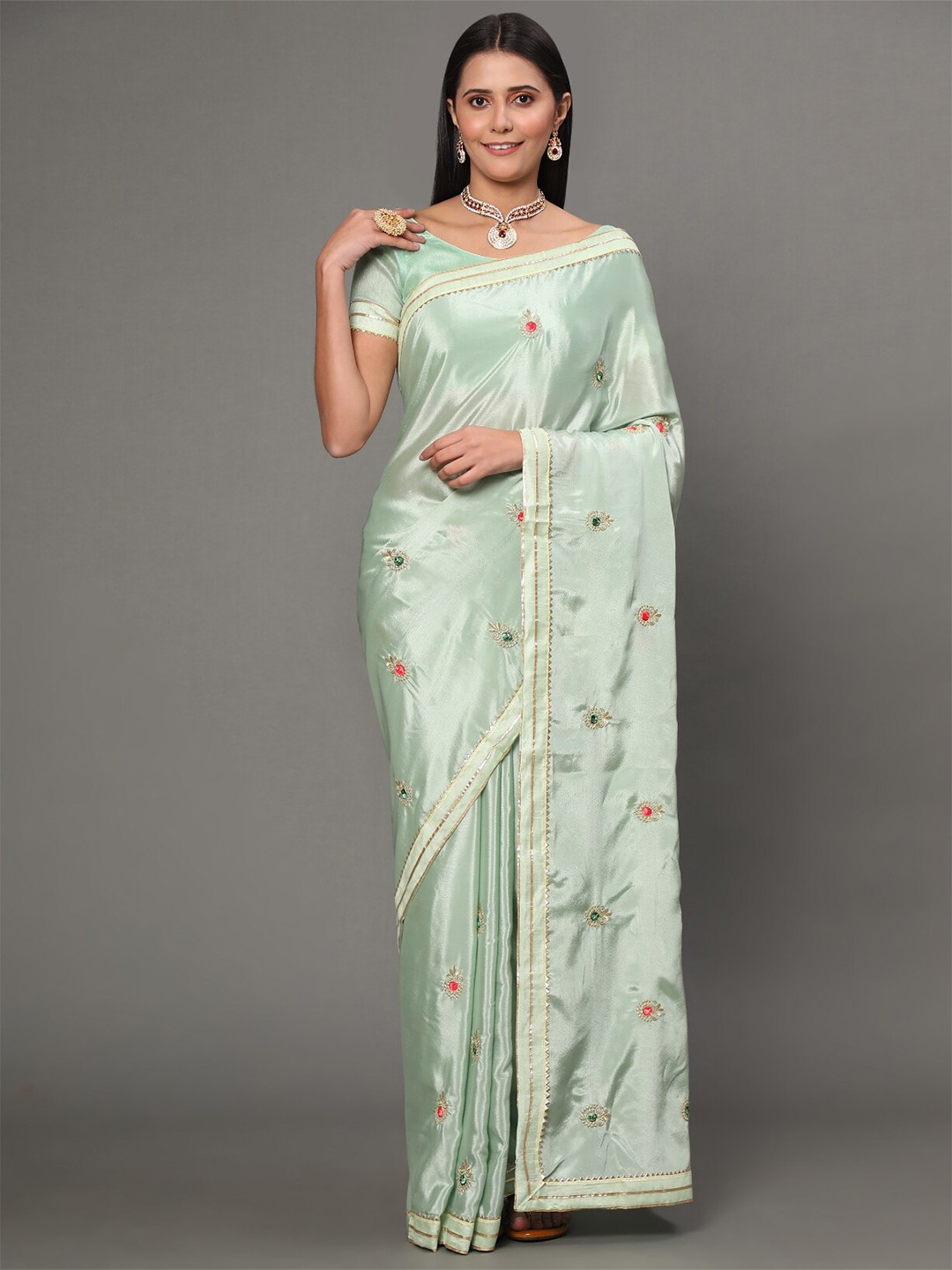 

GoStyle Ethnic Motifs Embroidered Bomkai silk Saree, Sea green