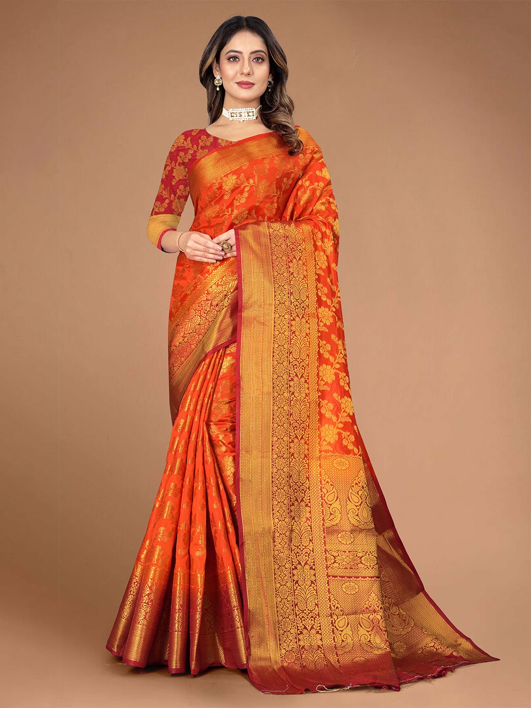 

VASTRAME Floral Woven Design Zari Art Silk Kanjeevaram Saree, Orange