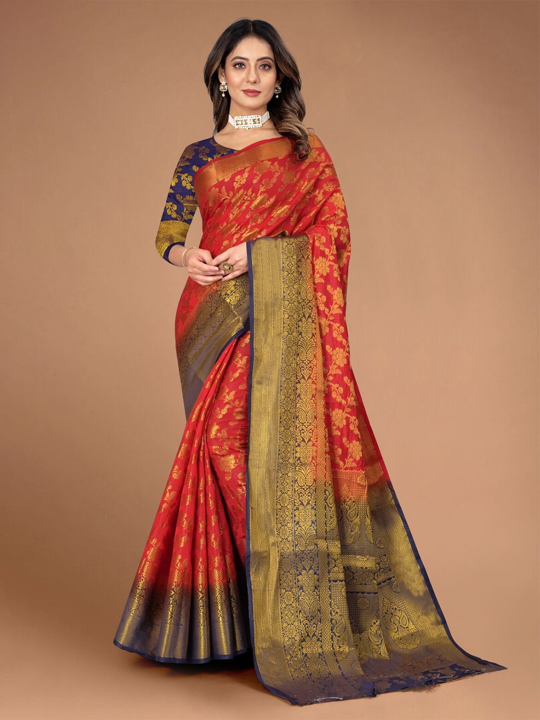 

VASTRAME Floral Woven Design Zari Art Silk Kanjeevaram Saree, Red