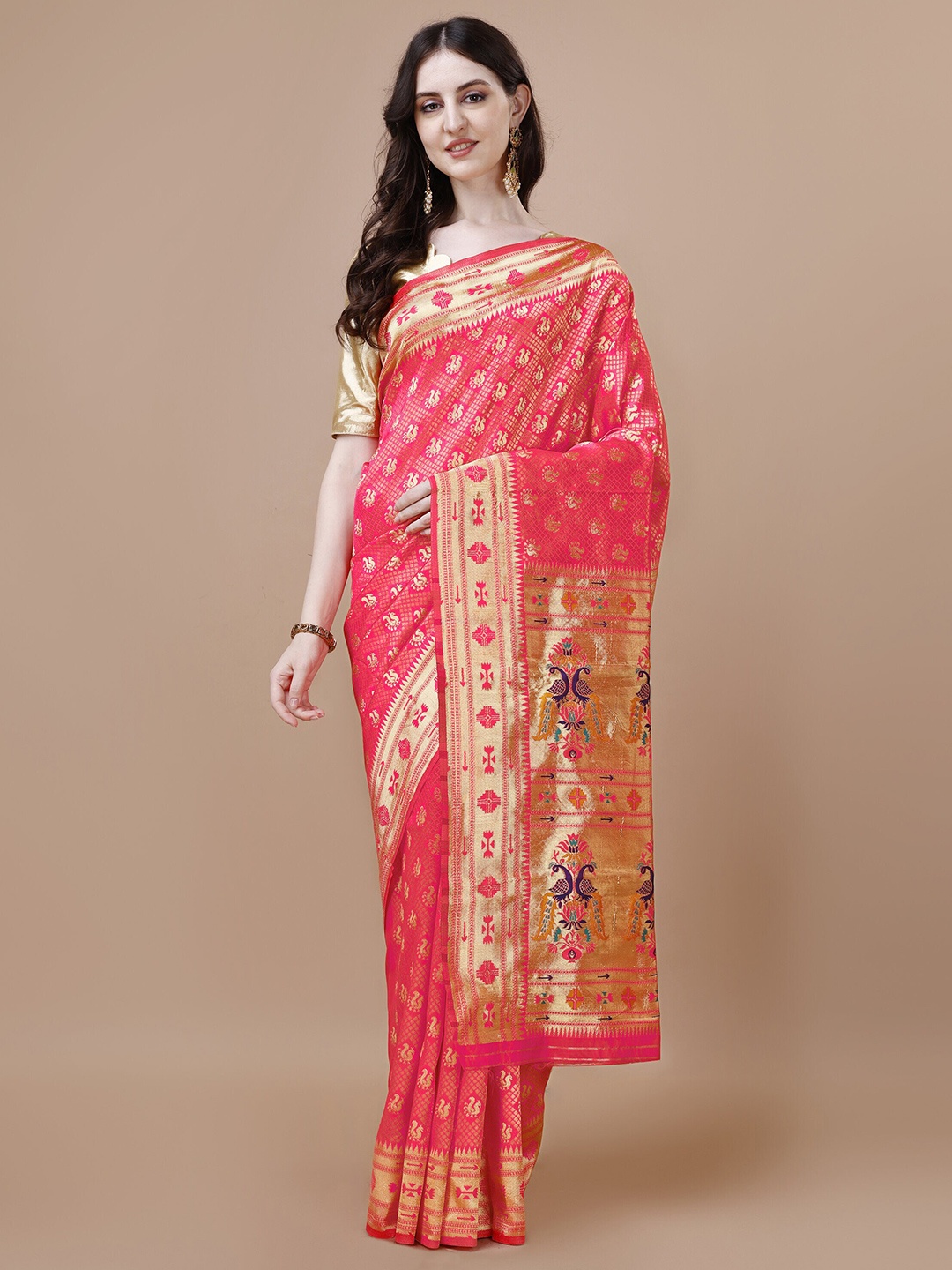 

MAGMINA Ethnic Motifs Woven Design Zari Silk Cotton Banarasi Saree, Pink
