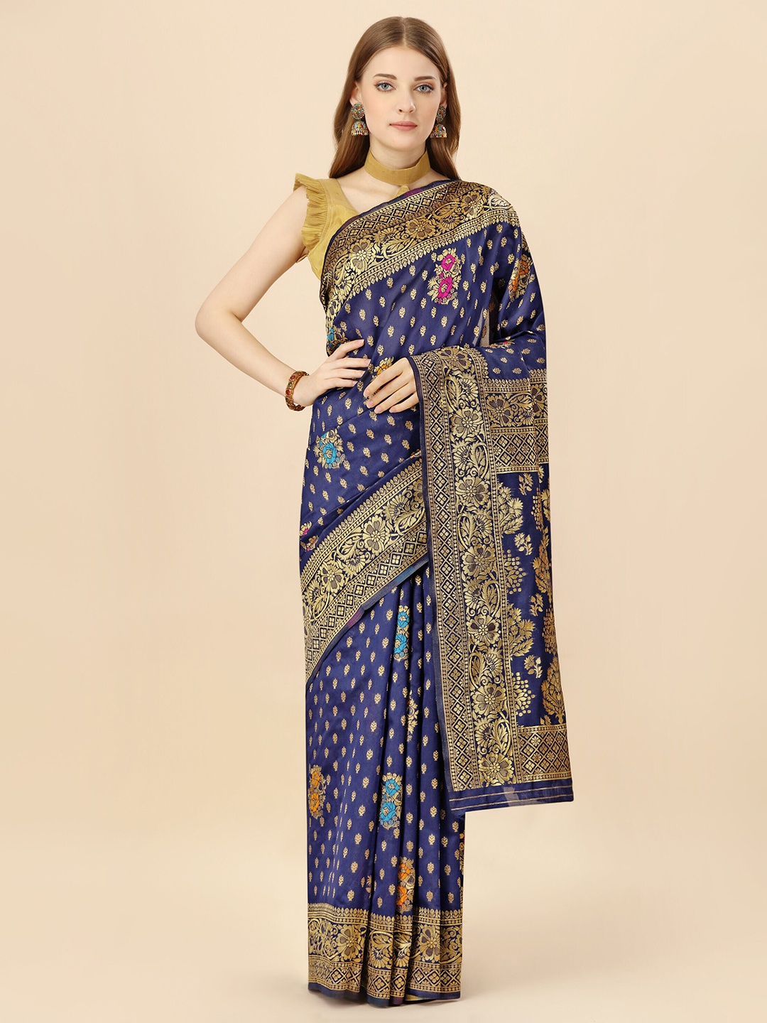 

MAGMINA Ethnic Motifs Woven Design Zari Silk Cotton Banarasi Saree, Navy blue