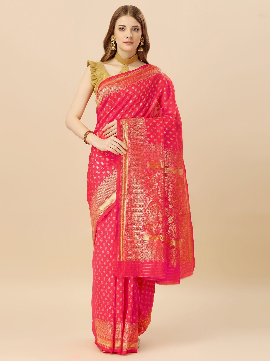 

MAGMINA Woven Design Zari Silk Cotton Banarasi Saree, Pink