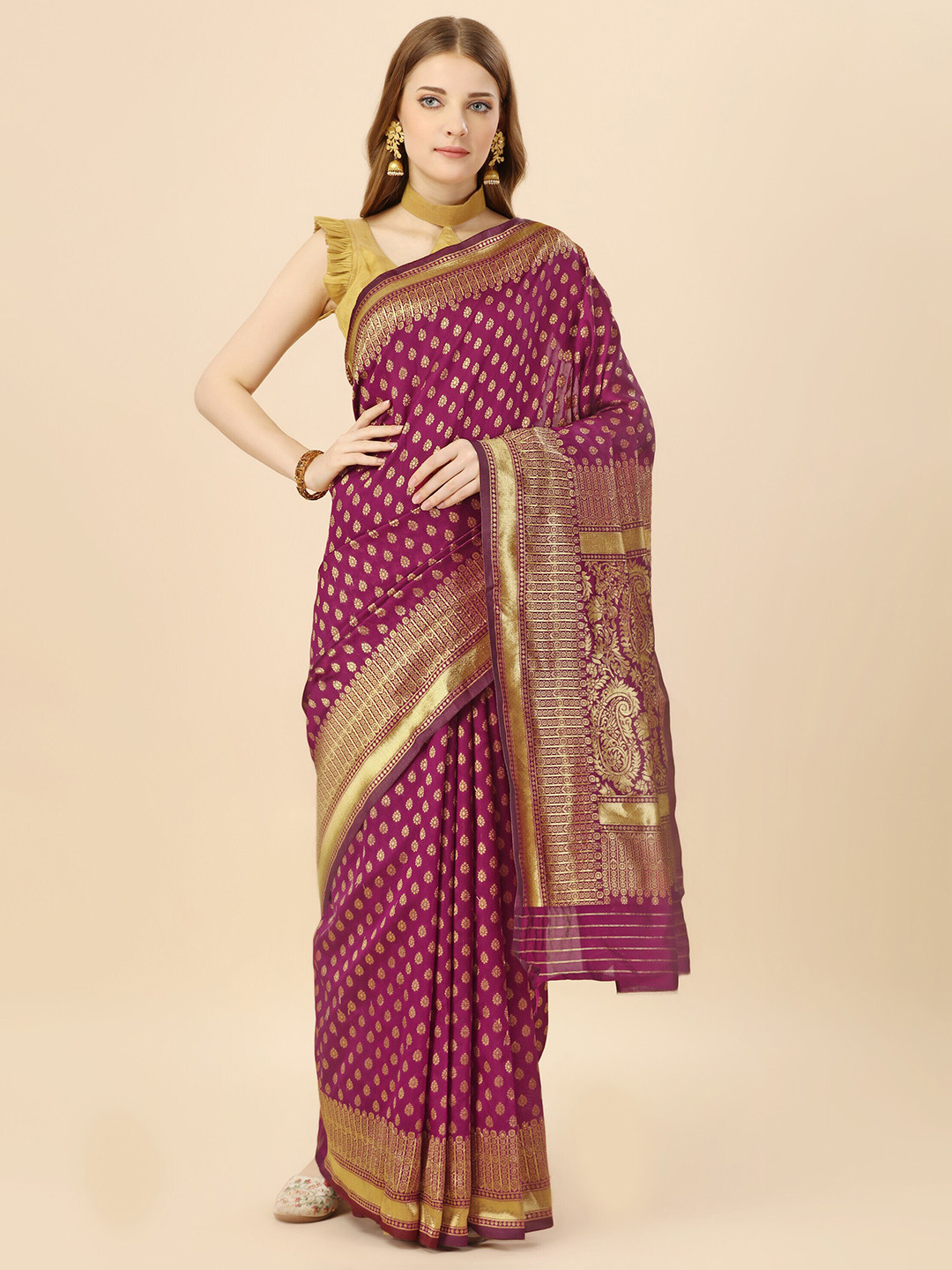 

MAGMINA Ethnic Motifs Woven Design Zari Silk Cotton Saree, Purple