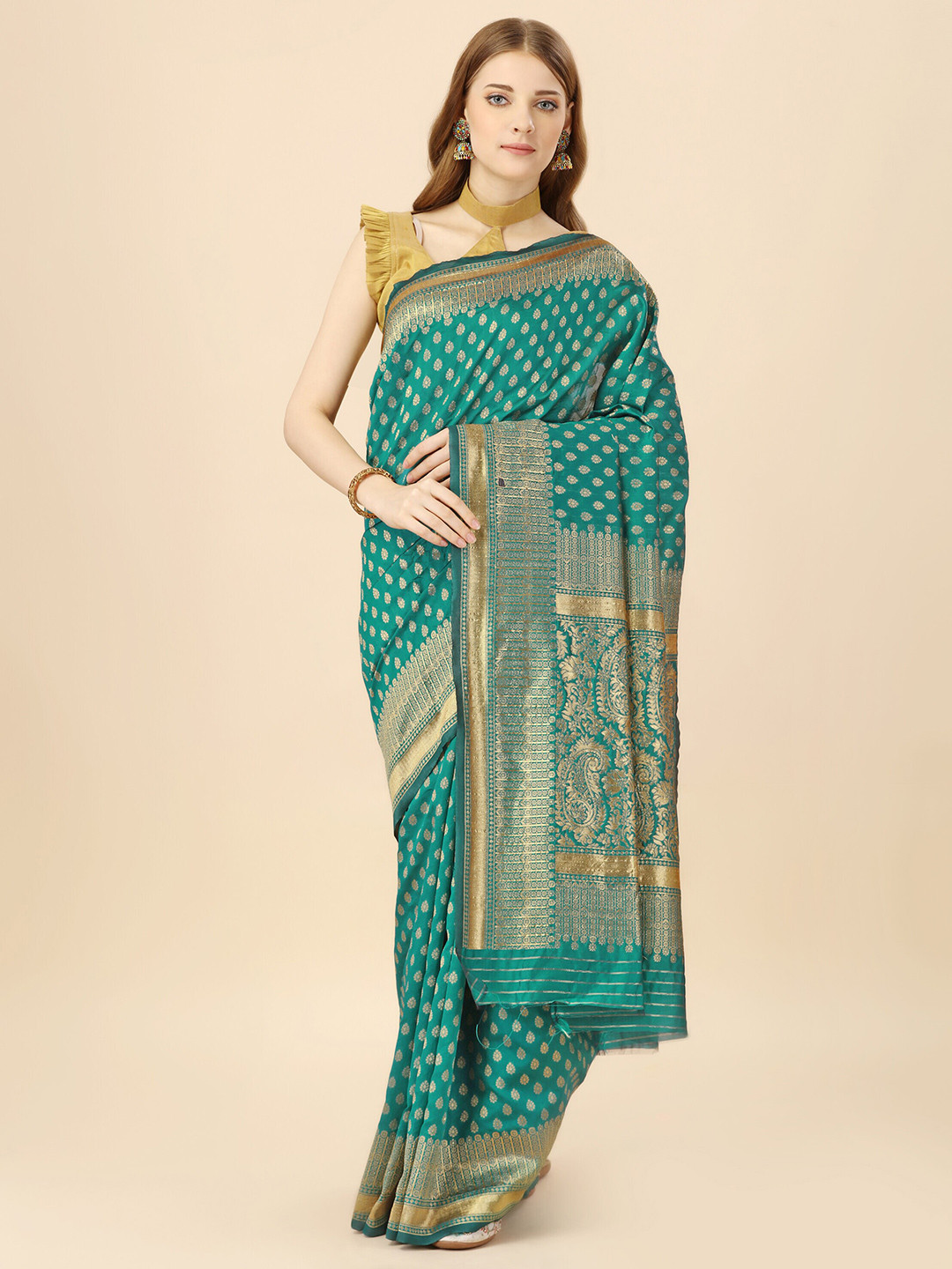

MAGMINA Woven Design Zari Silk Cotton Banarasi Saree, Green