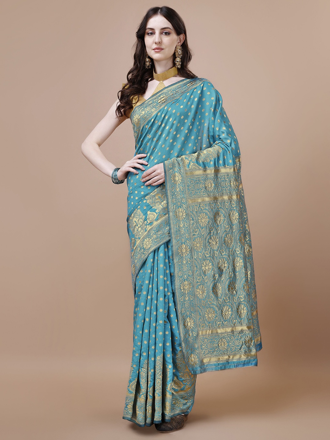 

MAGMINA Ethnic Motifs Woven Design Zari Silk Cotton Saree, Blue
