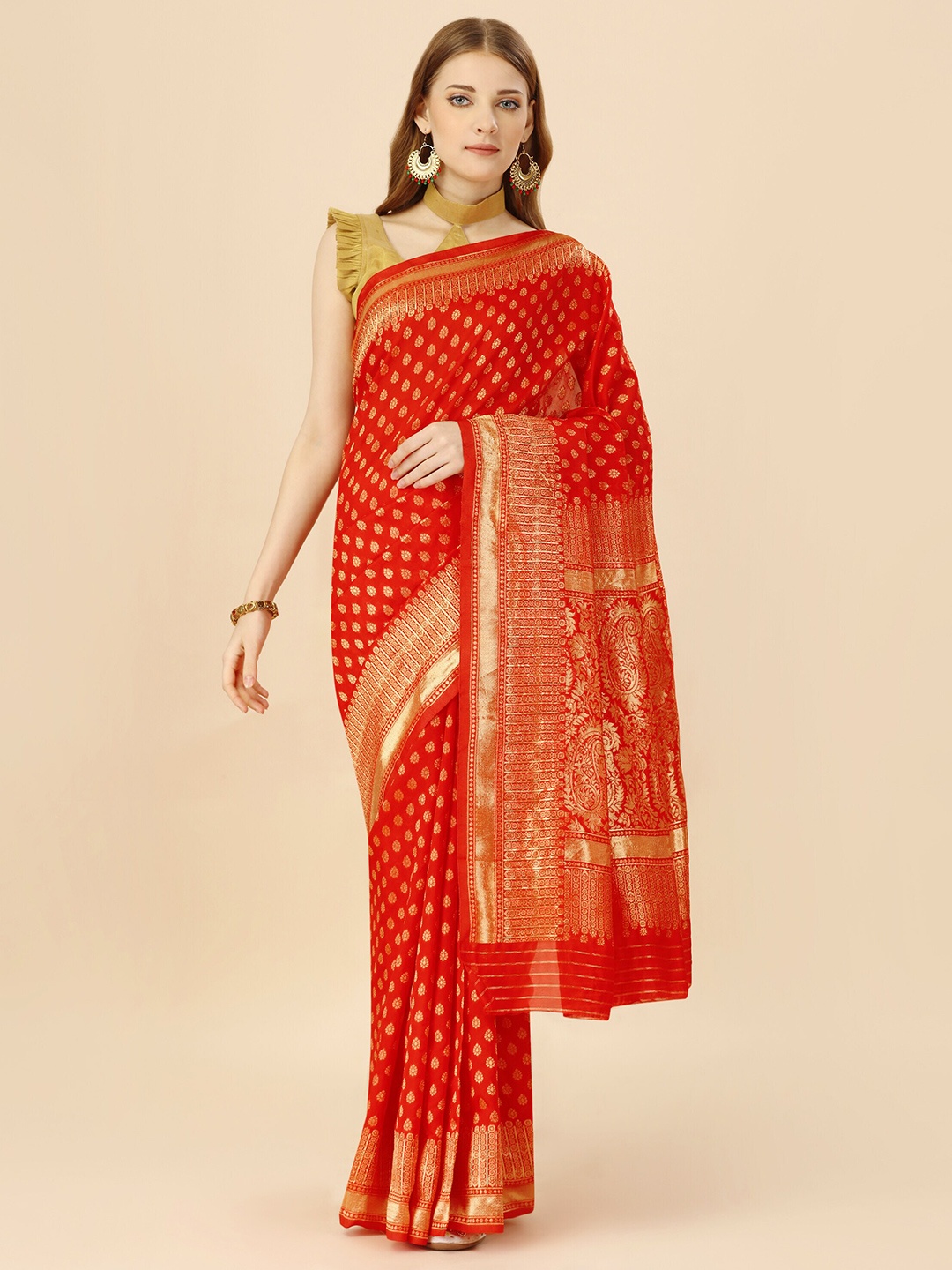 

MAGMINA Woven Design Zari Silk Cotton Banarasi Saree, Red