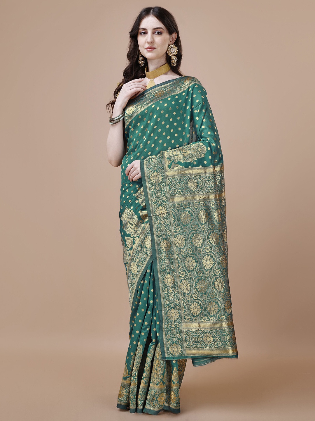 

MAGMINA Woven Design Zari Silk Cotton Banarasi Saree, Green