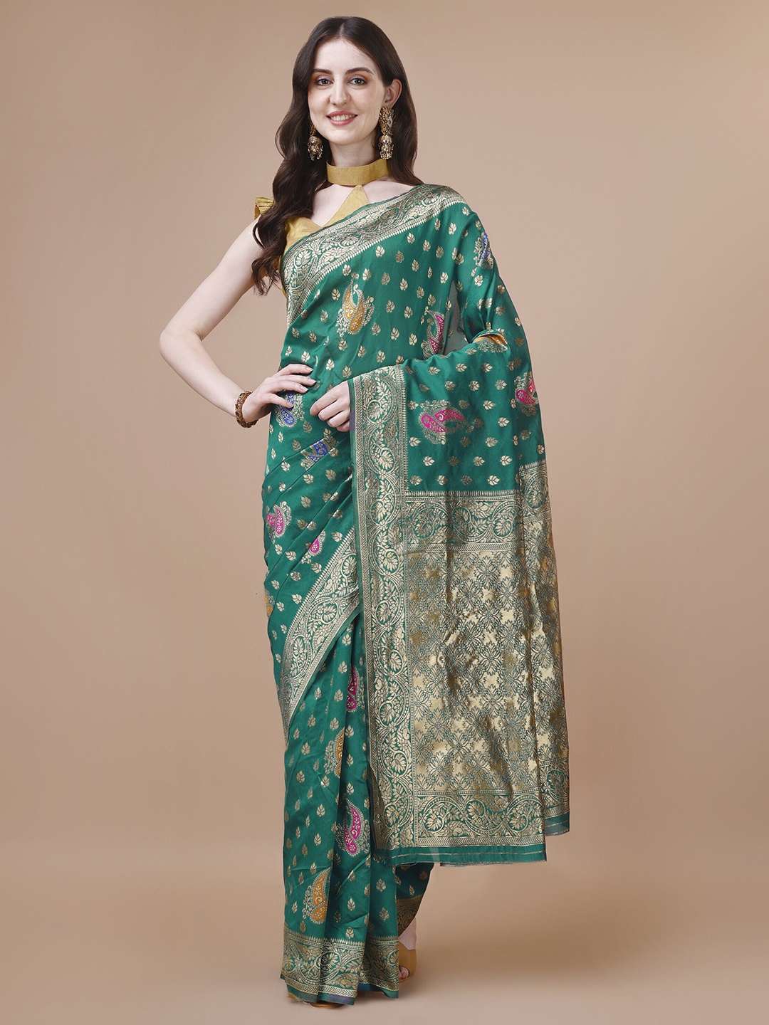 

MAGMINA Woven Design Zari Silk Cotton Saree, Green