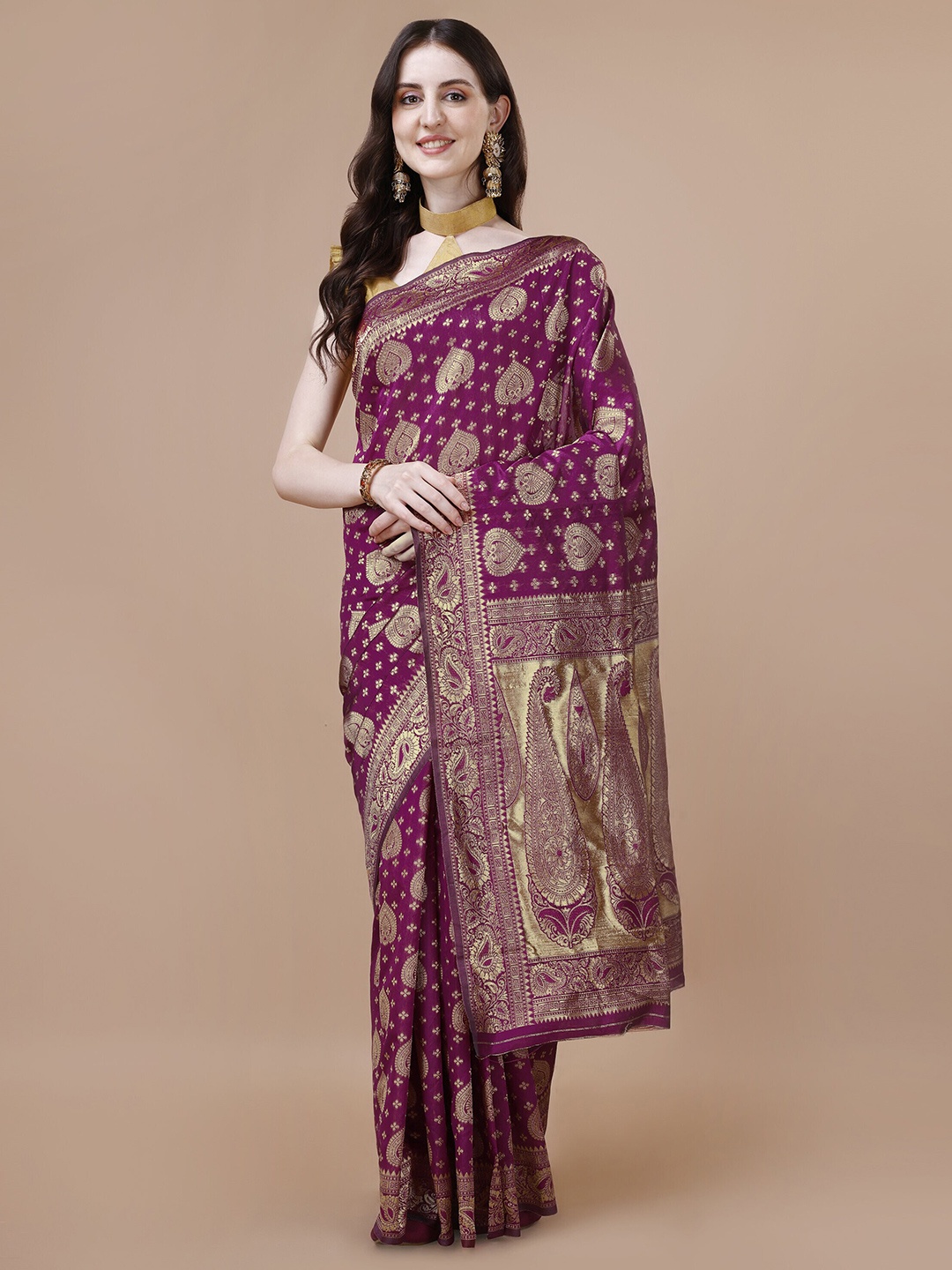 

MAGMINA Woven Design Zari Silk Cotton Banarasi Saree, Purple