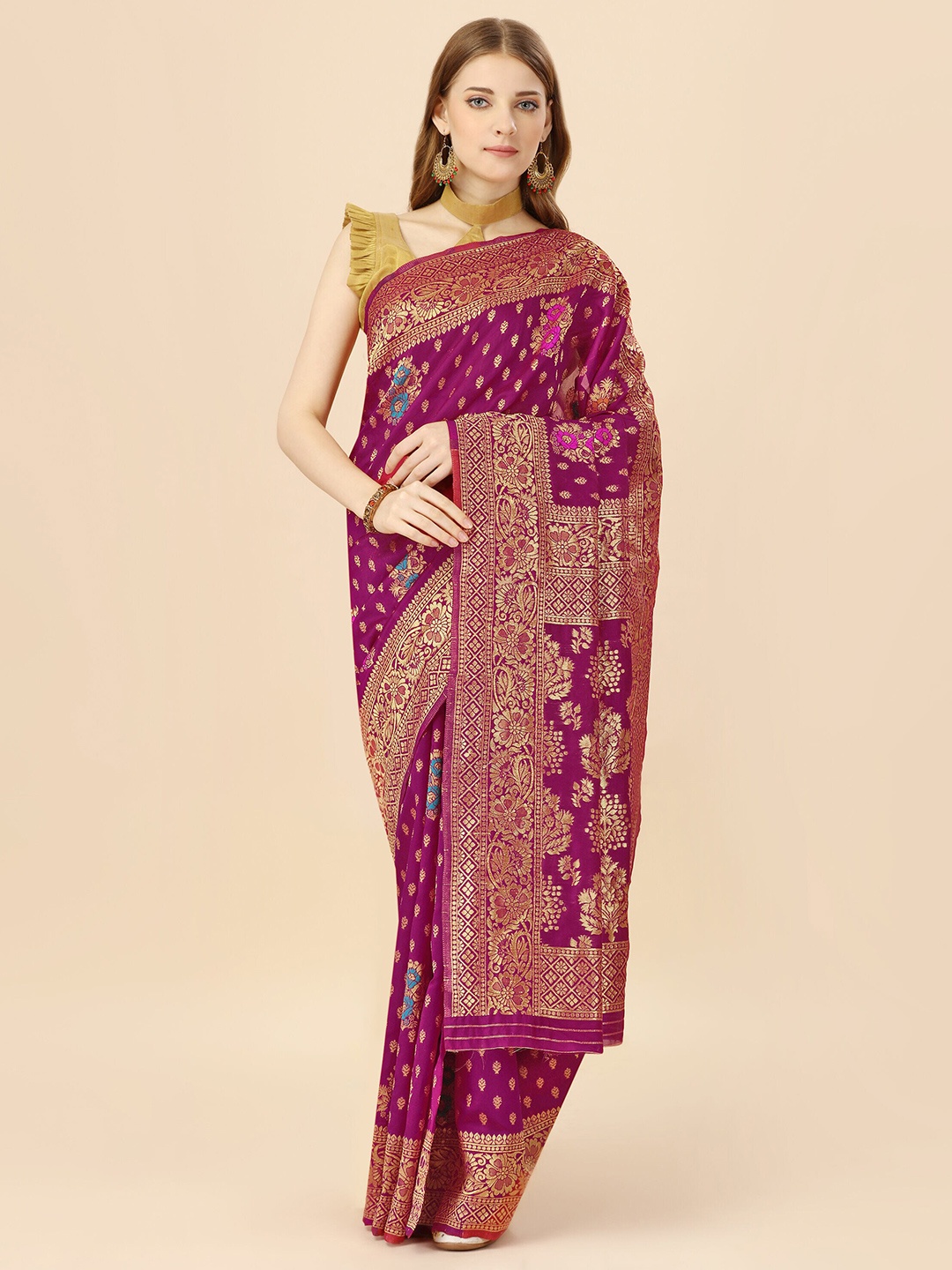 

MAGMINA Woven Design Zari Silk Cotton Saree, Purple