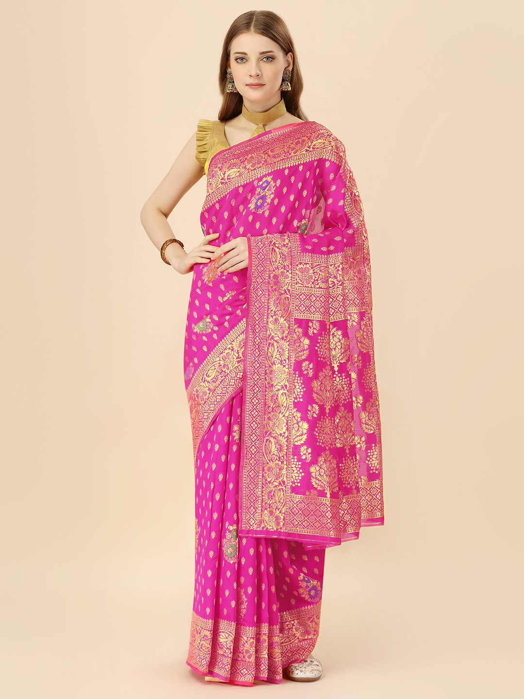 

MAGMINA Woven Design Zari Silk Cotton Banarasi Saree, Pink