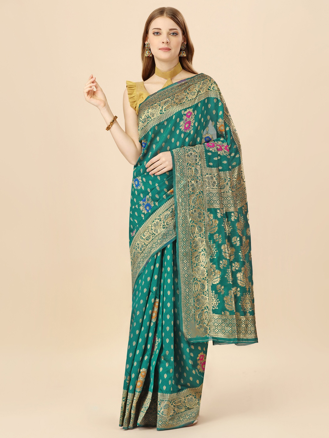 

MAGMINA Woven Design Zari Silk Cotton Saree, Green