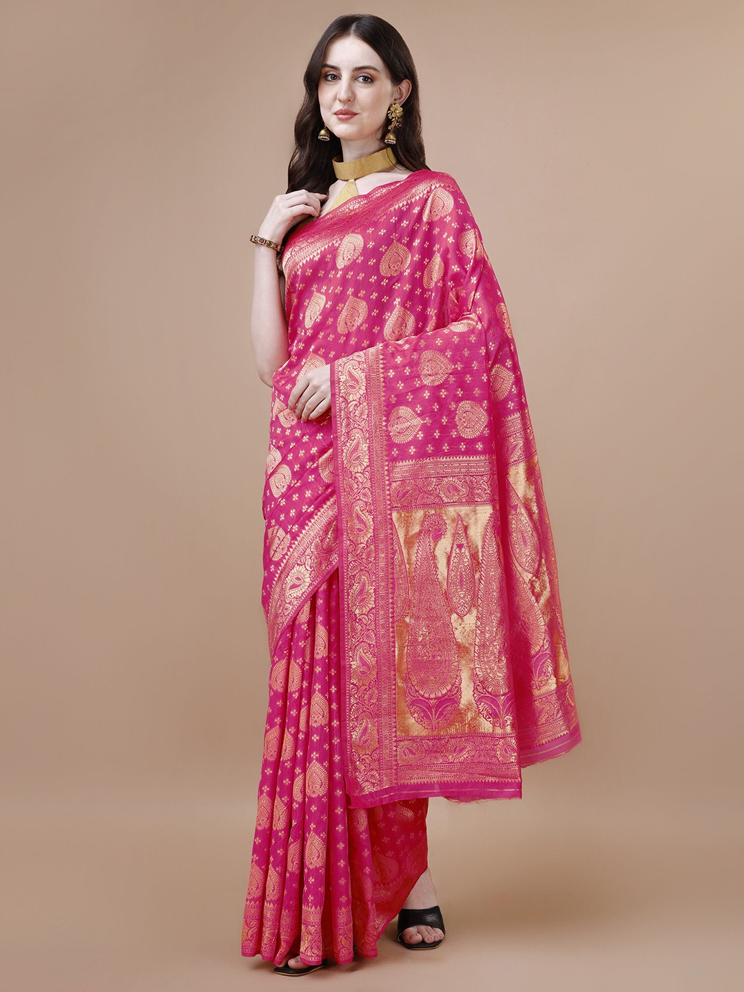 

MAGMINA Woven Design Zari Silk Cotton Saree, Pink