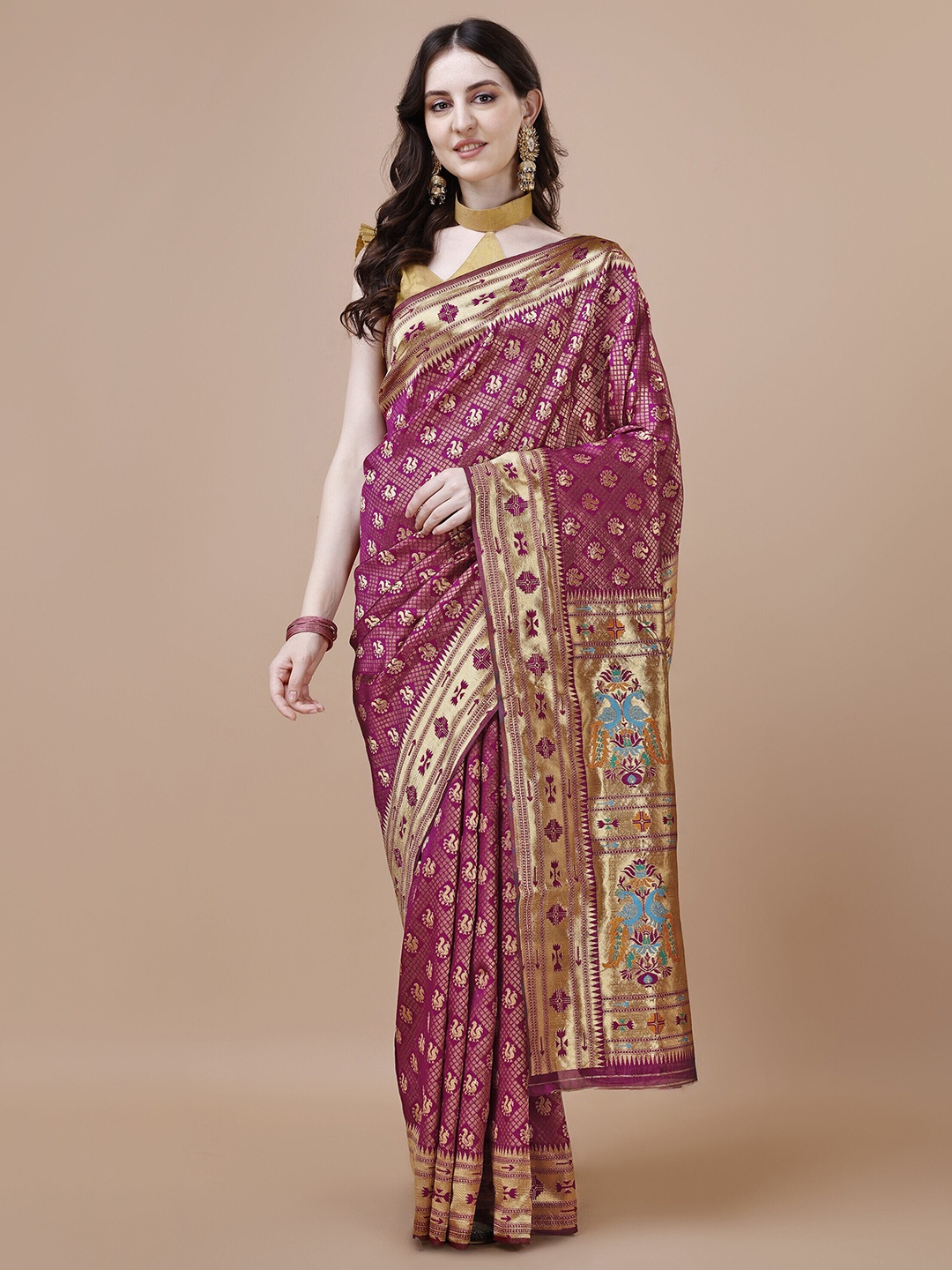

MAGMINA Ethnic Motifs Woven Design Zari Silk Cotton Saree, Purple
