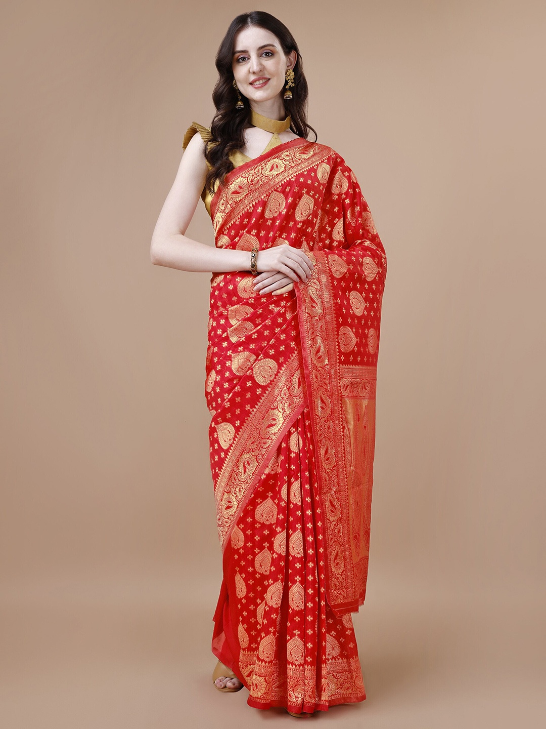 

MAGMINA Woven Design Zari Silk Cotton Saree, Red