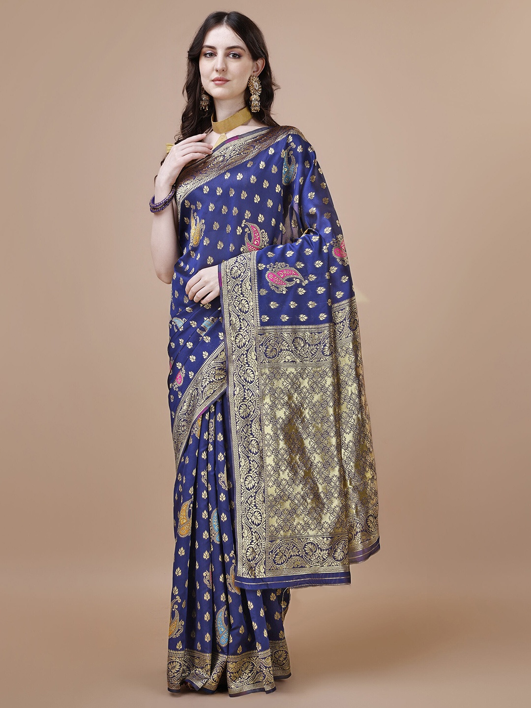 

MAGMINA Ethnic Motifs Woven Design Zari Silk Cotton Saree, Blue