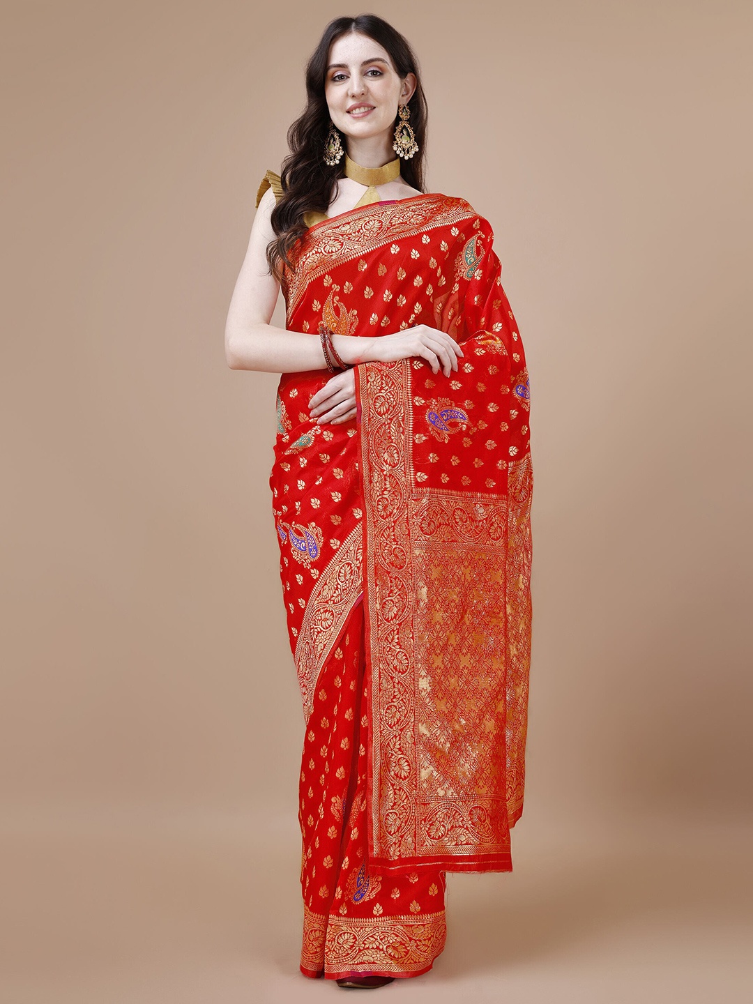 

MAGMINA Woven Design Zari Silk Cotton Banarasi Saree, Red