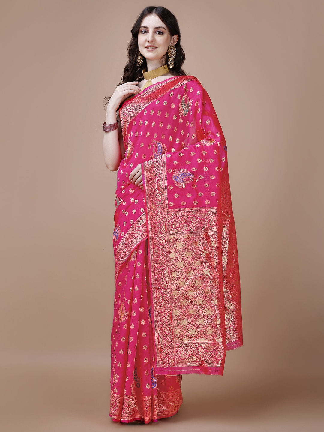 

MAGMINA Ethnic Motifs Woven Design Silk Cotton Ready to Wear Banarasi Saree, Pink