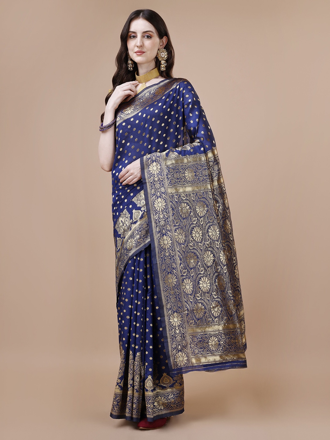 

MAGMINA Polka Dots Woven Design Zari Silk Cotton Saree, Navy blue