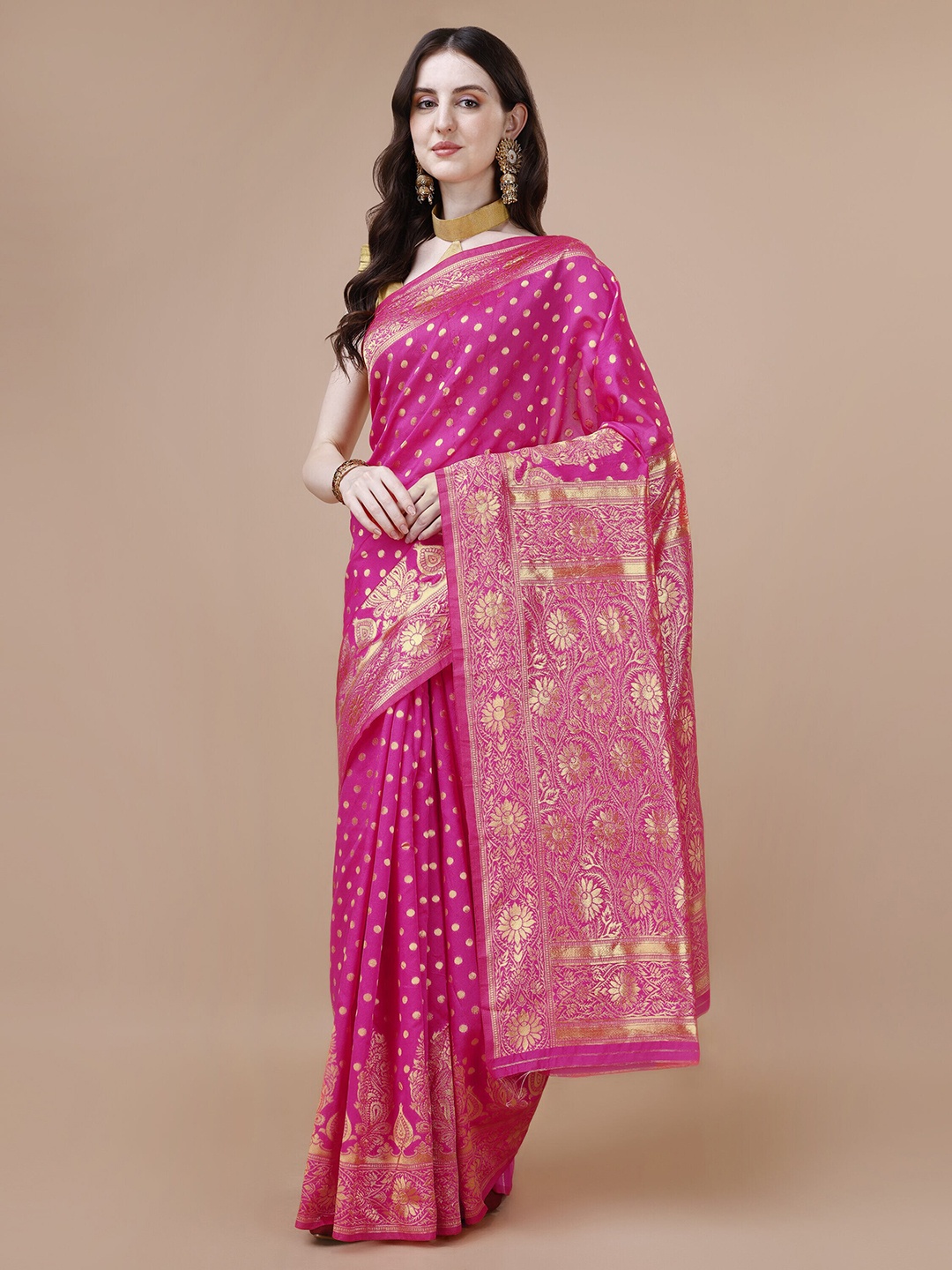 

MAGMINA Ethnic Motifs Woven Design Zari Silk Cotton Saree, Pink