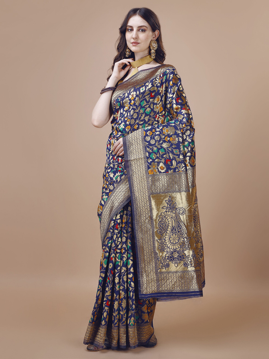 

MAGMINA Ethnic Motifs Woven Design Zari Silk Cotton Banarasi Saree, Navy blue