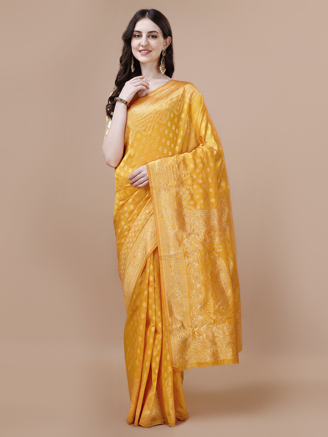 

MAGMINA Ethnic Motifs Woven Design Zari Silk Cotton Saree, Gold