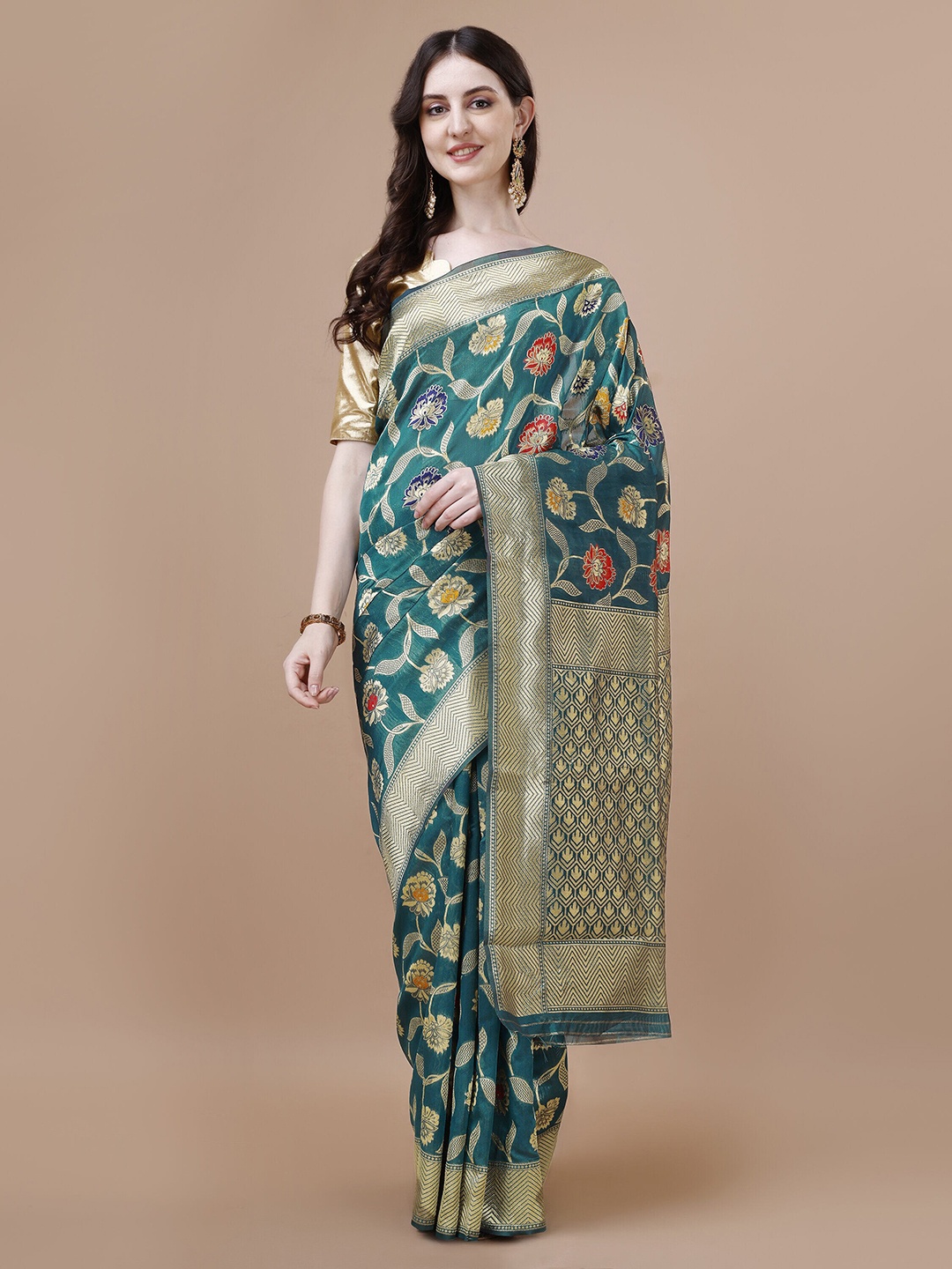 

MAGMINA Floral Woven Design Zari Silk Cotton Saree, Blue