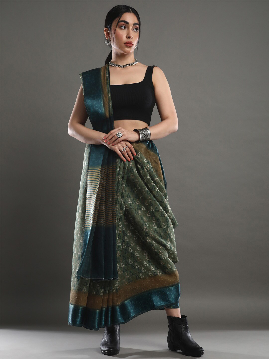 

Mitera Olive Green Geometric Printed Poly Linen Saree