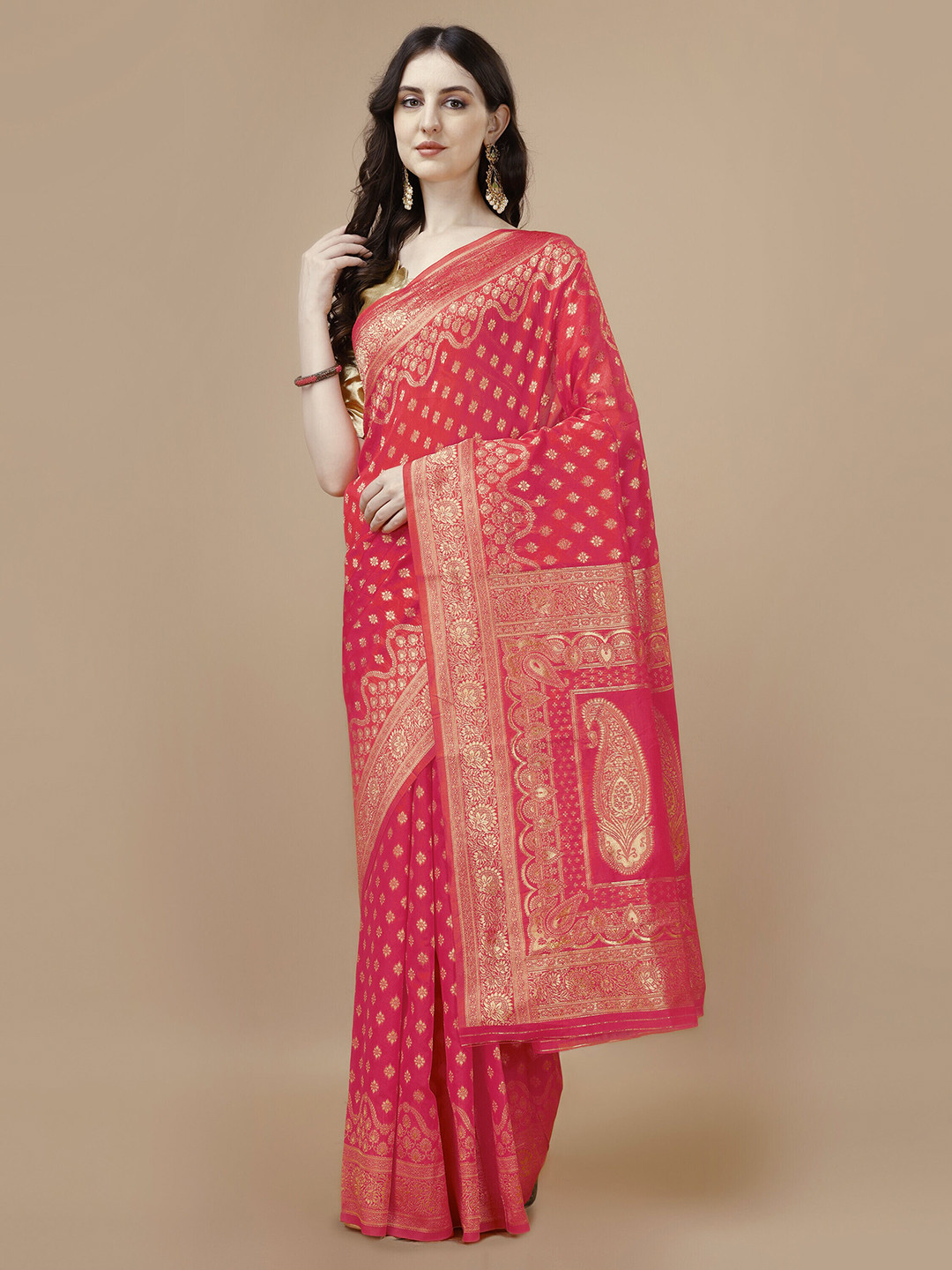 

MAGMINA Ethnic Motifs Woven Design Zari Silk Cotton Saree, Pink