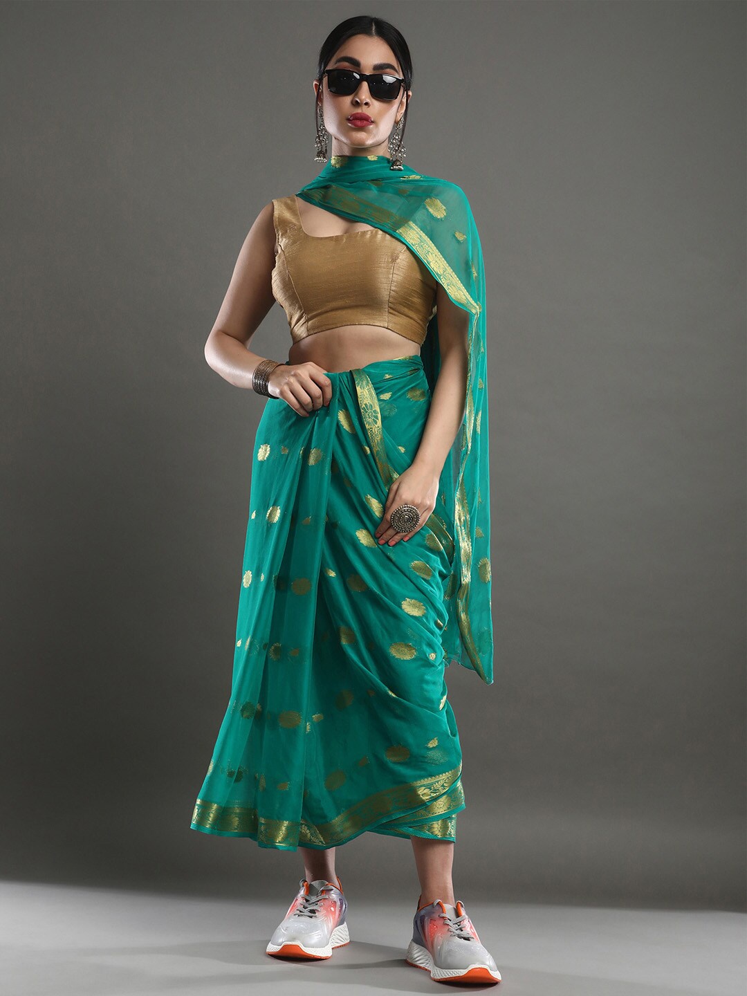 

Mitera Woven Design Zari Poly Chiffon Saree, Green