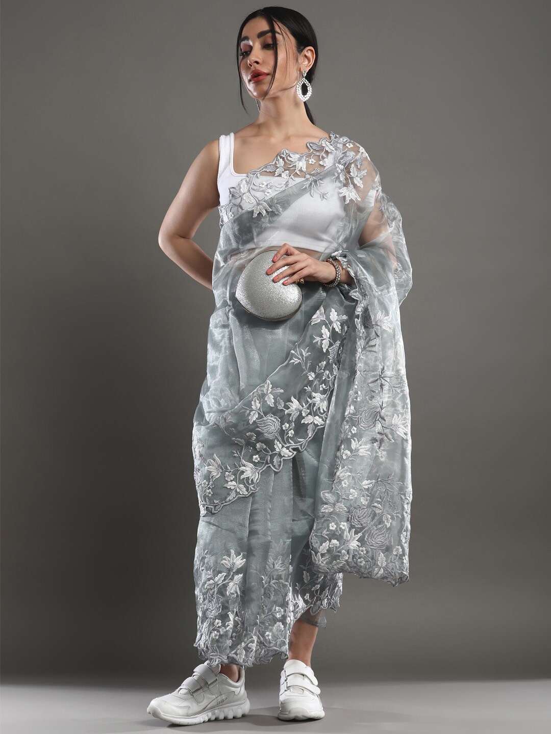 

Mitera Embroidered Border Organza Saree, Grey