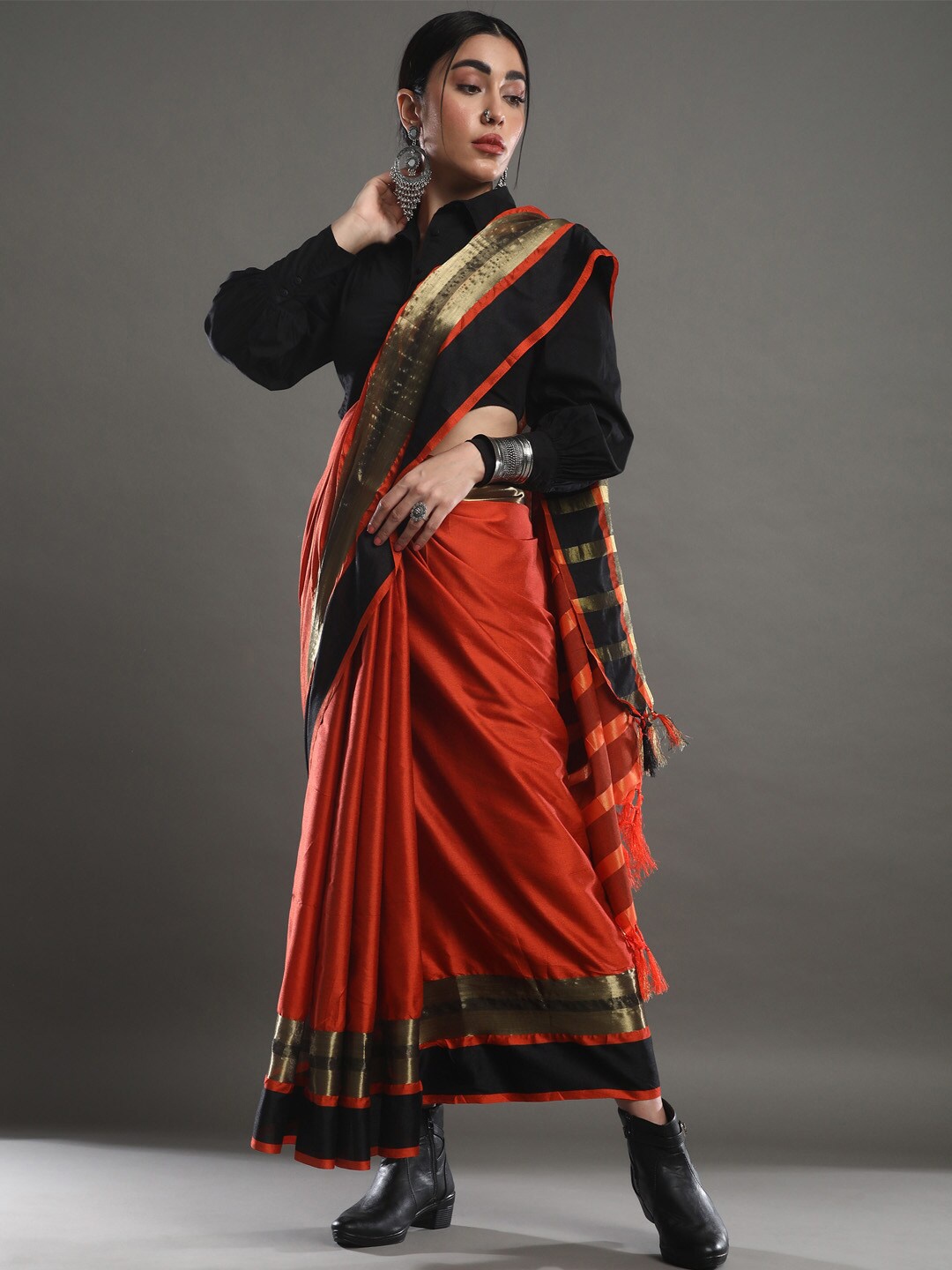 

Mitera Red & Black Woven Design Zari Art Silk Uppada Saree