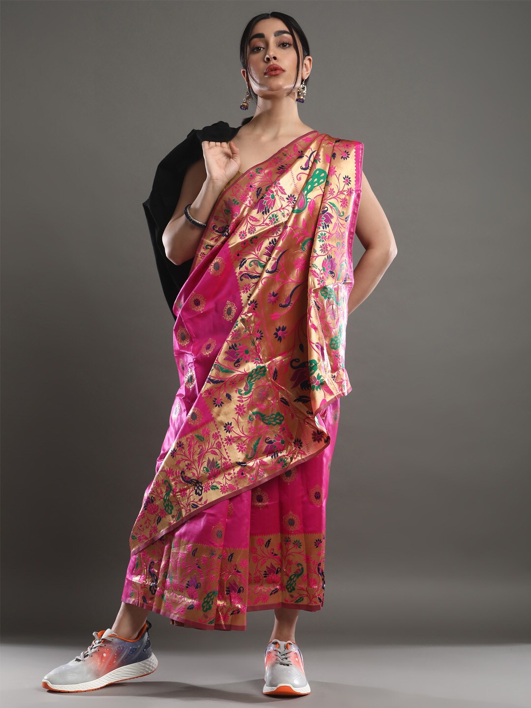 

Mitera Pink Ethnic Motifs Woven Design Zari Silk Blend Paithani Saree