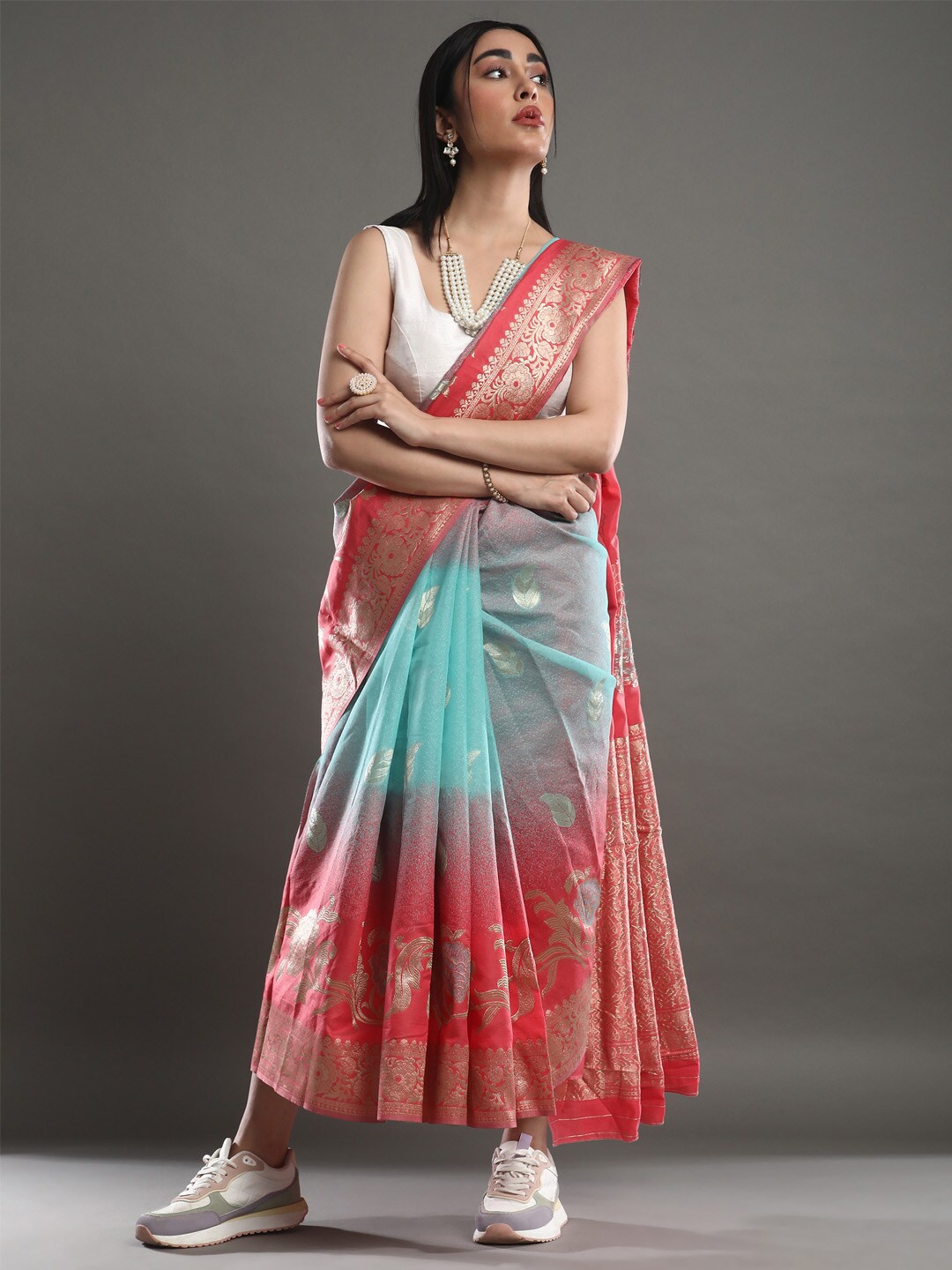 

Mitera Pink & Blue Ethnic Motifs Woven Design Zari Banarasi Saree