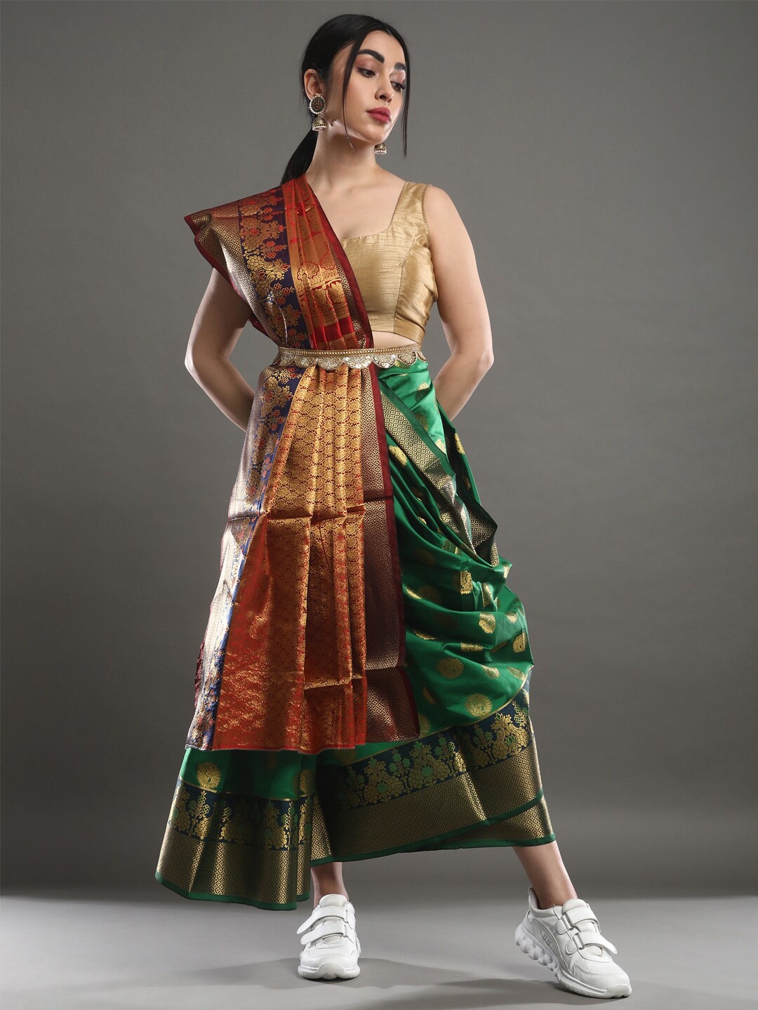 

Mitera Green & Red Ethnic Motifs Woven Design Zari Silk Blend Kanjeevaram Saree