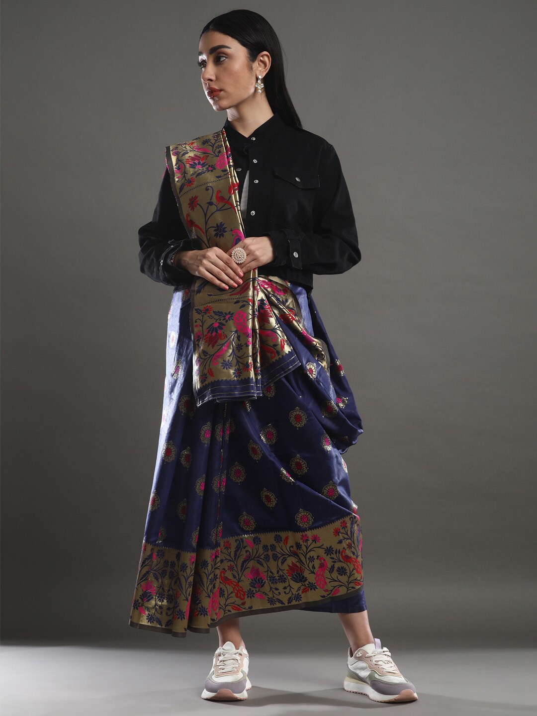 

Mitera Navy Blue & Pink Floral Woven Design Zari Banarasi Saree
