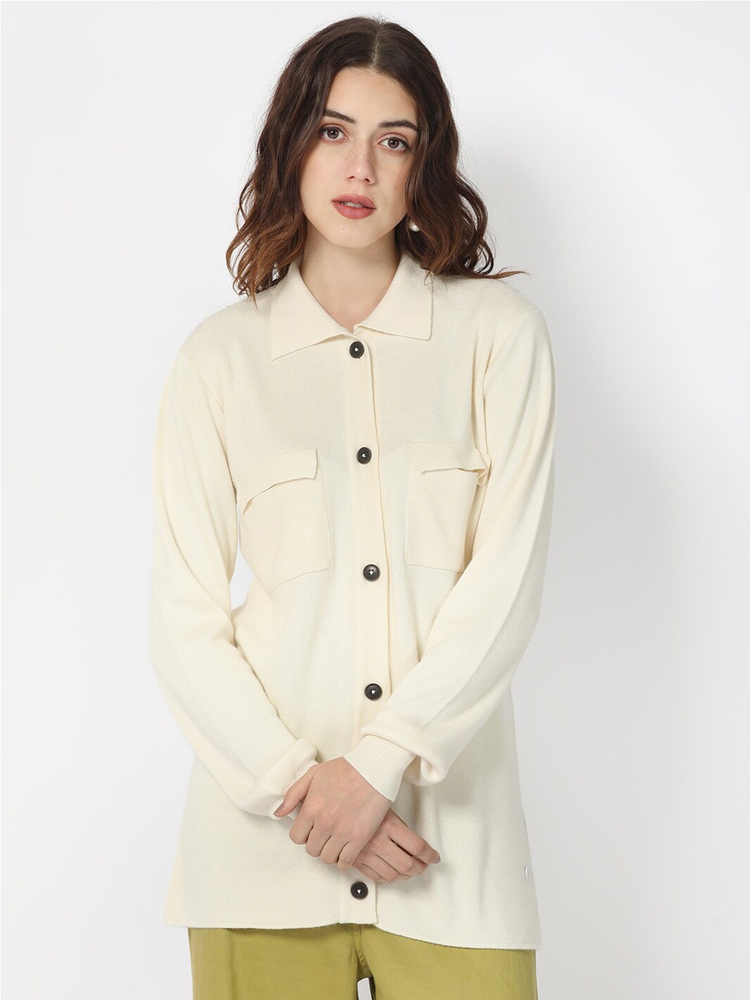 

RAREISM Regular Fit Spread Collar Long Sleeve Pocket Shacket, Off white