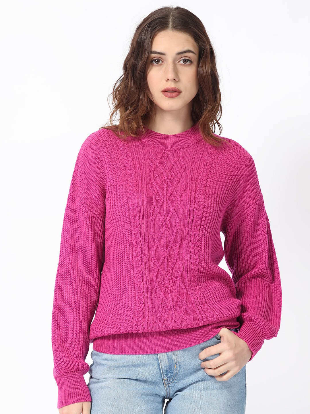 

RAREISM Cable Knit Self Design Pullover, Pink