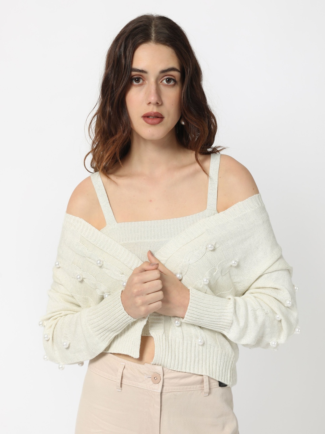 

RAREISM Cable Knit Round Neck Pullover, Off white