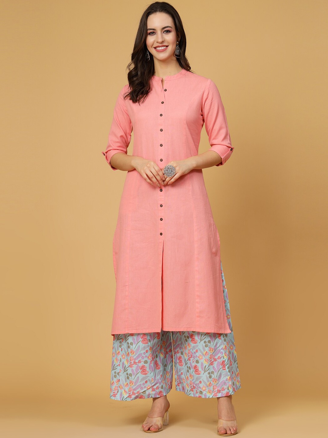 

Pistaa Mandarin Collar Panelled Straight Kurta with Palazzos, Pink