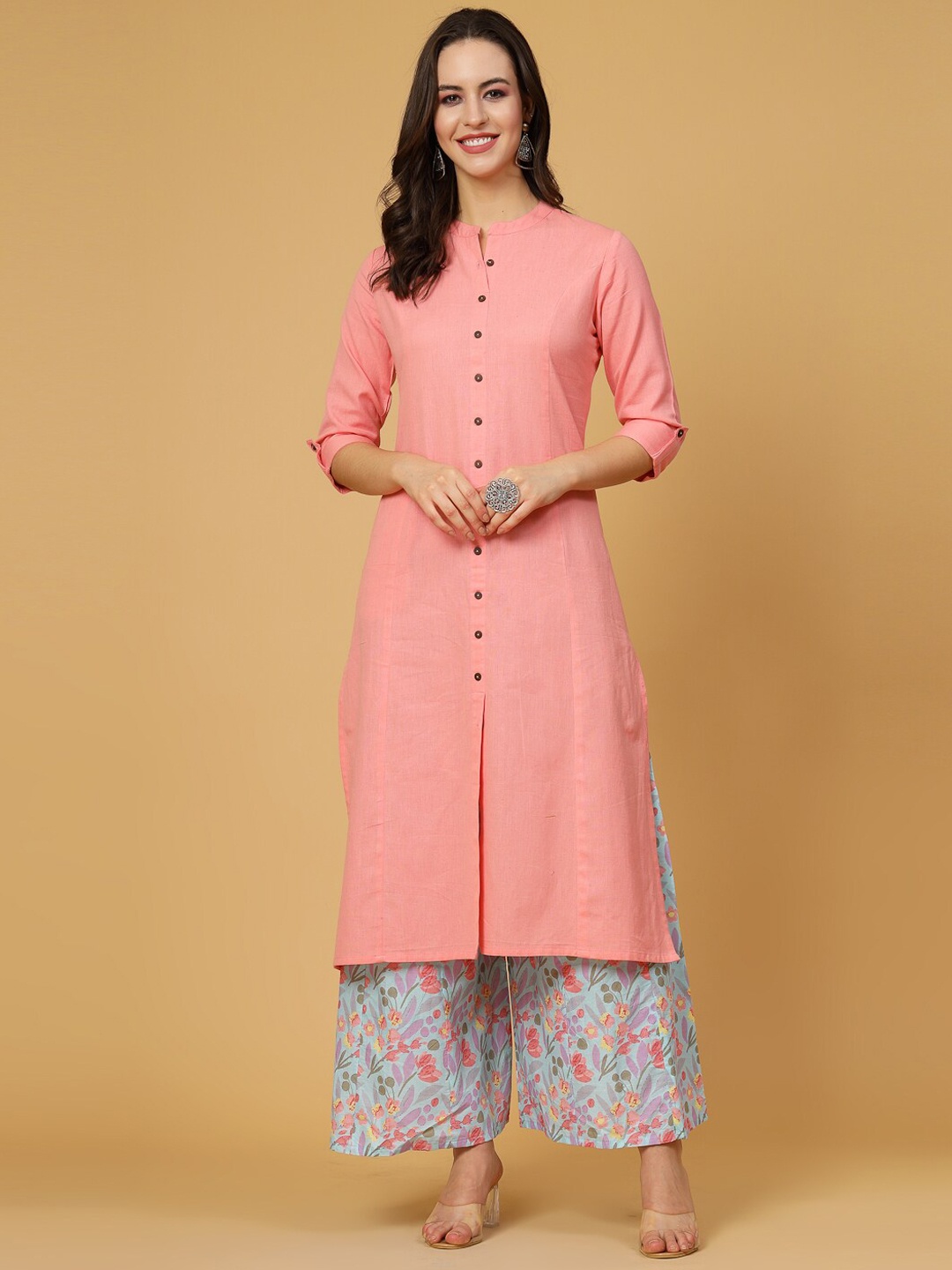 

Pistaa Mandarin Collar Straight Kurta with Palazzos, Pink