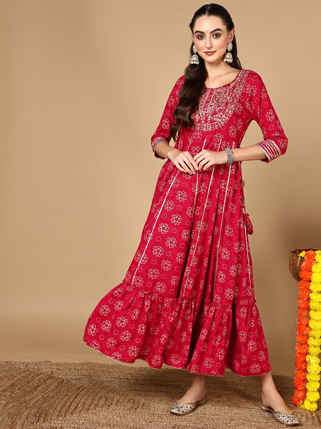 

HERE&NOW Ethnic Motifs Printed Round Neck Embroidered Fit & Flare Maxi Ethnic Dress, Red