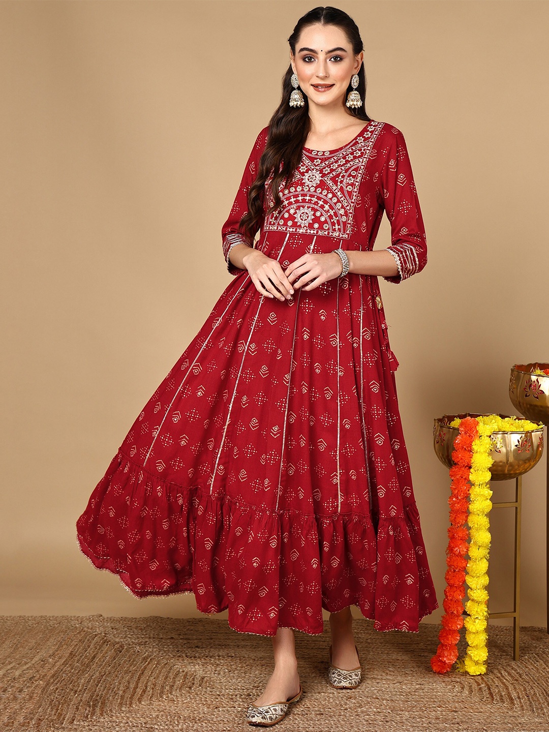 

HERE&NOW Ethnic Motifs Printed Fit & Flare Ethnic Dress, Maroon