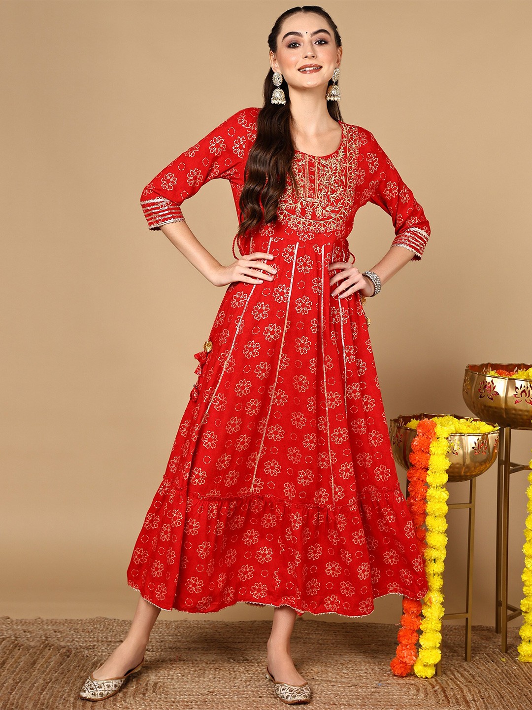 

HERE&NOW Ethnic Motifs Printed Fit & Flare Ethnic Dress, Red