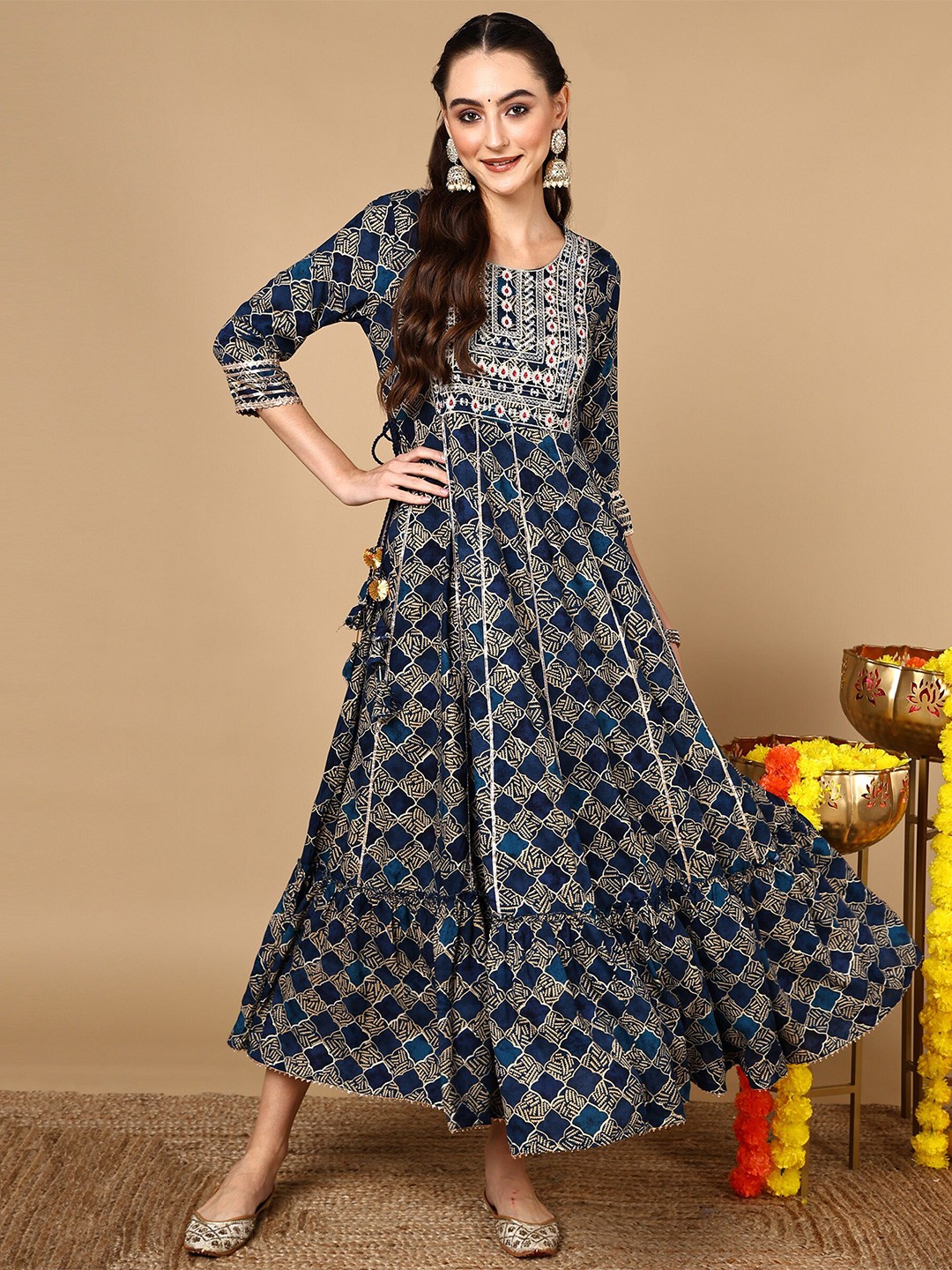 

HERE&NOW Ethnic Motifs Printed Round Neck Embroidered Fit & Flare Maxi Ethnic Dress, Navy blue