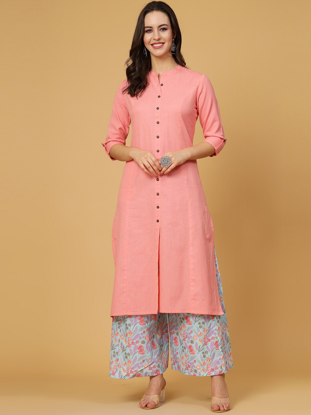 

Pistaa Mandarin Collar Straight Kurta with Palazzos, Pink