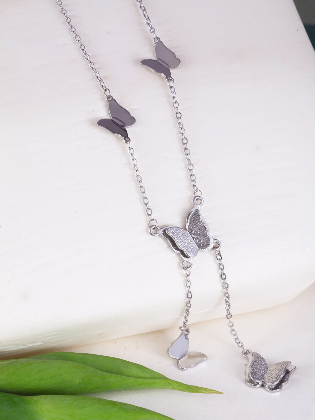 

MEENAZ Stainless Steel Silver Plated Butterfly Pendant & Chain