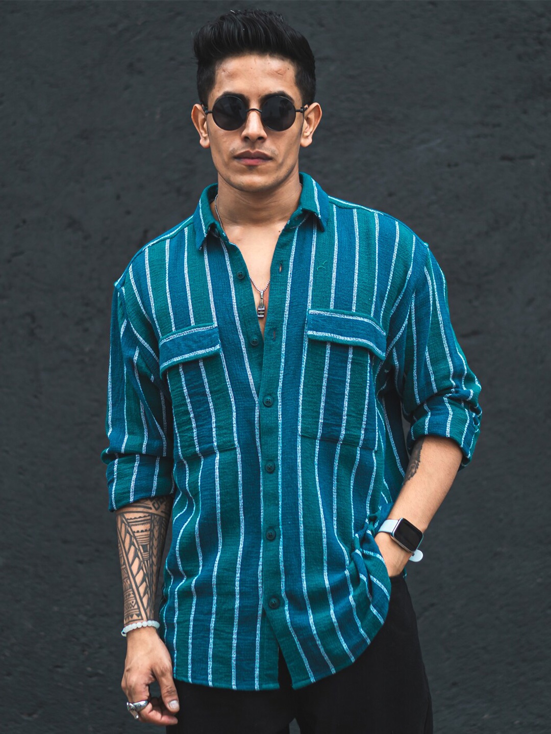 

Powerlook Teal Green India Slim Striped Oversized Casual Shirt