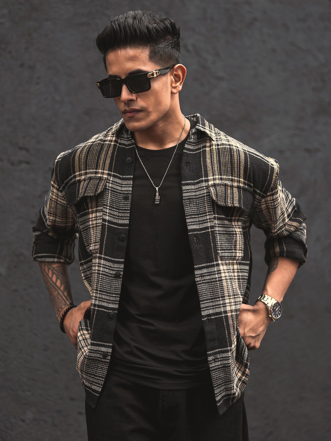 

Powerlook Black India Slim Tartan Checked Oversized Casual Shirt