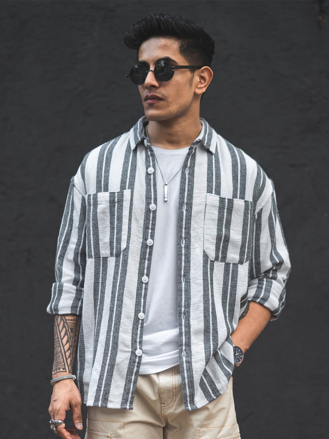 

Powerlook White India Slim Striped Oversized Casual Shirt